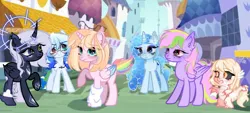 Size: 1190x540 | Tagged: safe, derpibooru import, oc, oc:altersmay earth, oc:laura orchid, ponified, unnamed oc, alicorn, dragon, pegasus, pony, unicorn, accessory, angry, black sclera, canterlot, colored wings, curved horn, cute, dragonified, eyeshadow, female, glasses, heterochromia, horn, image, jewelry, jpeg, looking at each other, looking at someone, makeup, mare, necklace, older, older altersmay earth, planet ponies, round glasses, species swap, unamused, wings