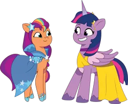 Size: 2149x1743 | Tagged: safe, artist:prixy05, derpibooru import, sunny starscout, twilight sparkle, twilight sparkle (alicorn), alicorn, earth pony, pony, g5, my little pony: tell your tale, clothes, clothes swap, dress, duo, duo female, female, g4, g4 to g5, gala dress, generation leap, image, mare, png, simple background, sunny and her heroine, transparent background, vector