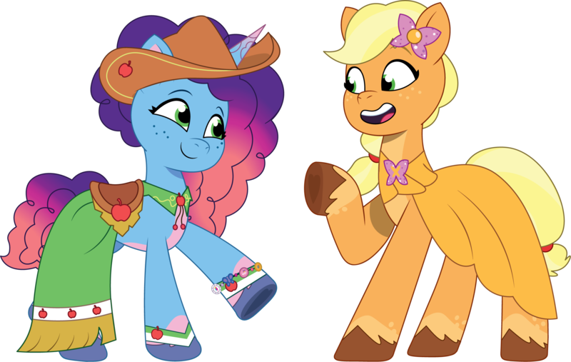 Size: 2348x1489 | Tagged: safe, artist:prixy05, derpibooru import, applejack, earth pony, pony, unicorn, g5, my little pony: tell your tale, applejack's hat, clothes, clothes swap, cowboy hat, dress, duo, duo female, female, g4, g4 to g5, gala dress, generation leap, hat, horn, image, mare, misty and her second heroine, misty brightdawn, png, rebirth misty, simple background, transparent background, vector