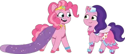 Size: 3001x1304 | Tagged: safe, artist:prixy05, derpibooru import, pinkie pie, pipp petals, earth pony, pegasus, pony, g5, my little pony: tell your tale, clothes, clothes swap, dress, duo, duo female, female, g4, g4 to g5, gala dress, generation leap, image, mare, pipp and her second heroine, png, simple background, transparent background, vector