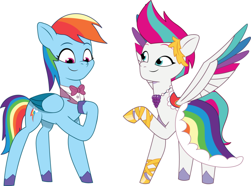 Size: 2081x1539 | Tagged: safe, artist:prixy05, derpibooru import, rainbow dash, zipp storm, pegasus, pony, g5, my little pony: tell your tale, bowtie, clothes, clothes swap, dress, duo, duo female, female, g4, g4 to g5, gala dress, generation leap, image, mare, png, simple background, transparent background, vector, zipp and her heroine