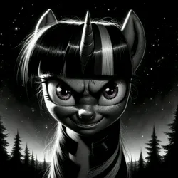 Size: 4096x4096 | Tagged: safe, ai content, derpibooru import, machine learning generated, prompter:enterusxrname, twilight sparkle, pony, unicorn, absurd resolution, black and white, evil grin, g4, generator:bing image creator, generator:dall-e 3, grayscale, grin, horn, image, jpeg, metal as fuck, monochrome, night, outdoors, smiling, solo, stars, upscaled