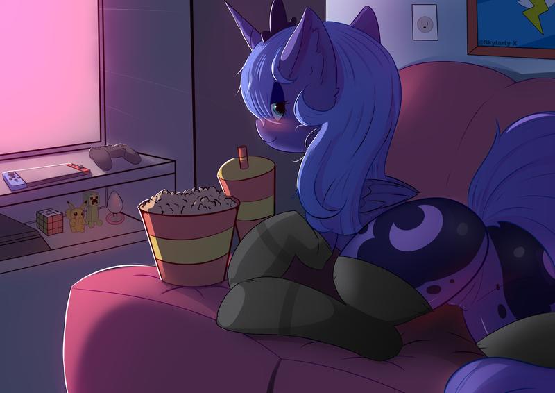 Size: 4093x2894 | Tagged: explicit, artist:skylarty, derpibooru import, princess luna, alicorn, pony, butt, cute, g4, image, lunabetes, nudity, plot, png, vulva