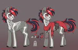 Size: 2500x1600 | Tagged: safe, artist:zephyrsplume, derpibooru import, oc, oc:grave danger, earth pony, pony, bodypaint, bone, clothes, grin, image, multicolored mane, multicolored tail, png, red eyes, reference sheet, skeleton, smiling, solo, tail, tiny pupils