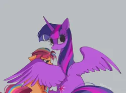 Size: 1440x1058 | Tagged: safe, artist:petaltwinkle, derpibooru import, sunny starscout, twilight sparkle, twilight sparkle (alicorn), alicorn, earth pony, pony, g5, alternate eye color, black sclera, duo, duo female, eye clipping through hair, female, frown, g4, gray background, height difference, horn, image, jpeg, long horn, looking down, mare, multicolored mane, multicolored tail, open mouth, orange coat, protecting, purple coat, signature, simple background, size difference, spread wings, sunny and her heroine, tail, wing shelter, wingding eyes, wings
