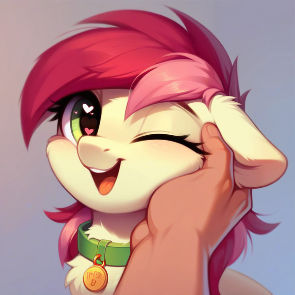 Size: 1024x1024 | Tagged: safe, ai content, derpibooru import, machine learning generated, prompter:doom9454, stable diffusion, roseluck, human, pony, behaving like a cat, bust, collar, cute, fluffy, generator:pony diffusion v6 xl, hand, heart, heart eyes, image, jpeg, offscreen character, offscreen human, one eye closed, pet tag, petting, pony pet, portrait, rosepet, wingding eyes