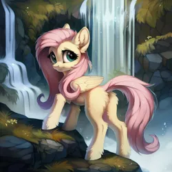 Size: 1536x1536 | Tagged: safe, ai content, derpibooru import, machine learning generated, prompter:seashell, stable diffusion, fluttershy, pony, butt, cute, ear fluff, female, g4, image, looking at you, looking back, mare, nature, outdoors, png, smiling, smiling at you, solo, water, waterfall