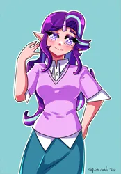 Size: 2437x3494 | Tagged: safe, artist:mylittleyuri, derpibooru import, starlight glimmer, human, blue background, blushing, clothes, cute, elf ears, female, glimmerbetes, horn, horned humanization, humanized, image, png, shirt, simple background, skirt, solo
