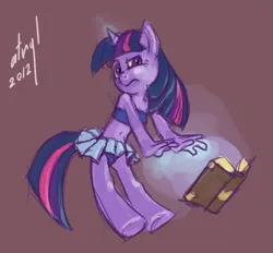 Size: 755x700 | Tagged: safe, artist:atryl, derpibooru import, twilight sparkle, anthro, unguligrade anthro, unicorn, bare shoulders, book, clothes, colored sketch, female, glow, glowing hands, glowing horn, horn, image, magic, midriff, miniskirt, panties, png, simple background, sketch, skirt, solo, underwear