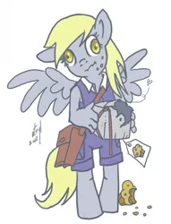 Size: 611x800 | Tagged: safe, artist:atryl, derpibooru import, derpy hooves, anthro, pegasus, unguligrade anthro, box, female, food, holding, image, mailmare, muffin, one ear down, png, simple background, solo, spread wings, wavy mouth, white background, wings