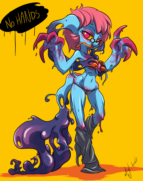 Size: 1400x1775 | Tagged: suggestive, artist:atryl, derpibooru import, oc, oc:cteno, unofficial characters only, anthro, goo, goo pony, monster pony, original species, unguligrade anthro, breasts, claws, clothes, covering, female, glasses, image, long tongue, panties, png, simple background, solo, solo female, tongue out, underwear, yellow background