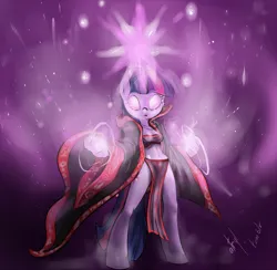 Size: 1128x1100 | Tagged: safe, alternate version, artist:atryl, derpibooru import, twilight sparkle, anthro, unguligrade anthro, breasts, cloak, clothes, female, g4, glow, glowing eyes, glowing hands, image, jewelry, loincloth, magic, pendant, png, solo