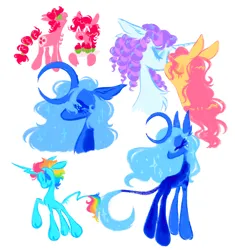 Size: 1926x2048 | Tagged: safe, artist:webkinzworldz, derpibooru import, fluttershy, pinkie pie, princess luna, rainbow dash, rarity, earth pony, pony, unicorn, ^^, alternate color palette, alternate design, big ears, big eyes, blue coat, blue eyes, blue mane, blue tail, cloven hooves, coat markings, colored sketch, cupcake, curly mane, curly tail, curved horn, duality, ear fluff, ethereal mane, ethereal tail, eye clipping through hair, eyelashes, eyes closed, eyeshadow, female, flarity, floppy ears, food, freckles, g4, green eyes, group, hoof hold, horn, image, jagged horn, kissing, leonine tail, lesbian, long legs, long mane, makeup, mare, multicolored hair, multicolored mane, multicolored tail, no mouth, open mouth, open smile, pink coat, pink mane, pink tail, png, profile, purple mane, race swap, rainbow hair, rainbow tail, raised hoof, shiny mane, shiny tail, shipping, short mane, simple background, sketch, sketch dump, slender, smiling, splotches, standing, starry mane, starry tail, tail, thick eyelashes, thin, tied tail, tray, unicorn horn, unicorn luna, unicorn rainbow dash, white background, white coat, wingding eyes, yellow coat