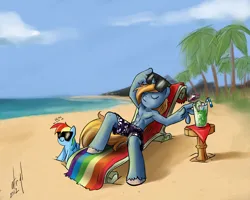 Size: 1500x1200 | Tagged: safe, alternate version, artist:atryl, derpibooru import, rainbow dash, oc, oc:sonik, anthro, earth pony, unguligrade anthro, alcohol, beach, beach chair, chair, cocktail, deal with it, drink, eyes closed, glass, holding, image, lying down, male, mojito, ocean, on back, plushie, png, reaching, sunglasses, table, water
