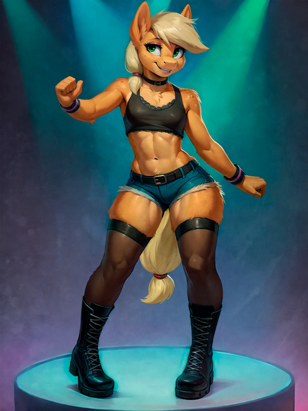 Size: 1536x2048 | Tagged: safe, ai content, derpibooru import, machine learning generated, applejack, anthro, unguligrade anthro, abs, armpits, belly, belly button, blonde hair, boots, bra, bracelet, braces, breasts, choker, clothes, colorful, crop top bra, daisy dukes, dancing, denim, denim shorts, dynamic pose, ear fluff, eyeshadow, female, fluffy, freckles, front view, full body, fur, g4, green eyes, horn, image, jewelry, looking away, makeup, muscles, muscular female, nightclub, orange skin, png, prompter:kalmar, reasonably sized breasts, shirt, shoes, shorts, smiling, socks, solo, solo female, standing, stockings, tail, thigh highs, underwear, wide hips, yellow skin