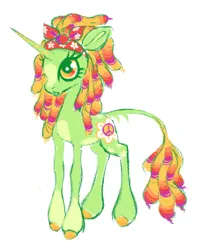 Size: 1218x1494 | Tagged: safe, artist:webkinzworldz, derpibooru import, oc, oc:flower power (webkinzworldz), unofficial characters only, pony, unicorn, bandana, big ears, big eyes, blaze (coat marking), coat markings, colored belly, colored hooves, colored pinnae, dreadlocks, facial markings, female, green coat, horn, image, leonine tail, long horn, long legs, mare, multicolored mane, multicolored tail, open mouth, orange eyes, pale belly, png, simple background, skinny, striped horn, tail, tail fluff, tall, thin, unicorn oc, white background, wingding eyes