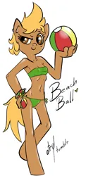 Size: 527x1000 | Tagged: safe, alternate version, artist:atryl, derpibooru import, oc, oc:beach ball, unofficial characters only, anthro, unguligrade anthro, anthro oc, beach ball, bikini, breasts, clothes, ear piercing, eyebrows, female, image, piercing, png, raised eyebrow, simple background, small breasts, smiling, solo, swimsuit, white background