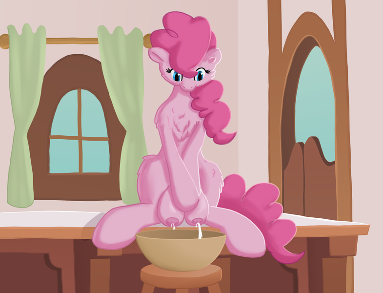 Size: 2160x1650 | Tagged: questionable, artist:callichrome, derpibooru import, pinkie pie, earth pony, pony, bakery, big crotchboobs, bowl, breast milk, chest fluff, crotchboobs, female, fluffy, g4, image, lactation, milk, milking, nipples, nudity, png, sitting, solo