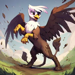 Size: 4096x4096 | Tagged: safe, ai content, derpibooru import, machine learning generated, gilda, bipedal, image, mud, playing, png