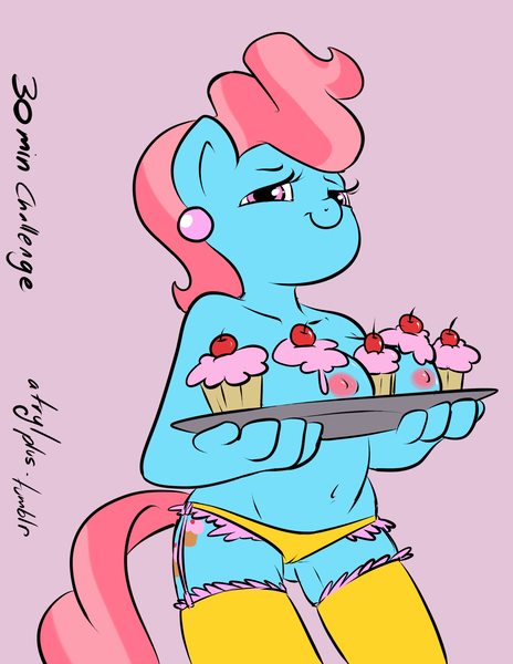 Size: 1160x1500 | Tagged: questionable, artist:atryl, derpibooru import, cup cake, anthro, unguligrade anthro, 30 minute art challenge, between breasts, breasts, cameltoe, clothes, cupcake, female, food, foodplay, frilly underwear, garter belt, image, nipples, nudity, panties, partial nudity, png, simple background, smiling, socks, solo, solo female, stockings, thigh highs, topless, tray, underwear