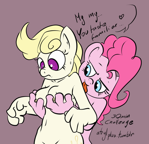 Size: 1280x1235 | Tagged: questionable, artist:atryl, derpibooru import, pinkie pie, oc, oc:white rush, anthro, 30 minute art challenge, breast fondling, breast grab, breasts, canon x oc, dialogue, female, grope, image, lesbian, licking, nipples, nudity, png, shipping, simple background, sweat, sweatdrop, tongue out