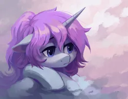 Size: 2326x1800 | Tagged: safe, artist:koviry, derpibooru import, oc, oc:blithe, unofficial characters only, pony, unicorn, abstract background, blue eyes, bust, colored pinnae, commission, crossed hooves, digital painting, female, floppy ears, frown, horn, image, jpeg, lidded eyes, looking away, mare, ponytail, portrait, purple mane, sad, unicorn horn, unicorn oc, wingding eyes