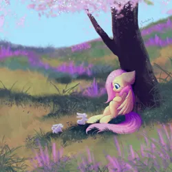 Size: 3000x3000 | Tagged: safe, artist:persikulka, artist:persikulkahouse, derpibooru import, fluttershy, pegasus, pony, rabbit, against tree, animal, chest fluff, ear fluff, female, g4, grass, grass field, high res, image, lying down, mare, meadow, on back, outdoors, png, profile, signature, smiling, solo, tree, under the tree, wings
