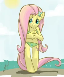 Size: 542x650 | Tagged: safe, artist:atryl, derpibooru import, fluttershy, anthro, unguligrade anthro, bra, clothes, female, frown, hairpin, image, panties, png, shy, solo, twiddling, underwear