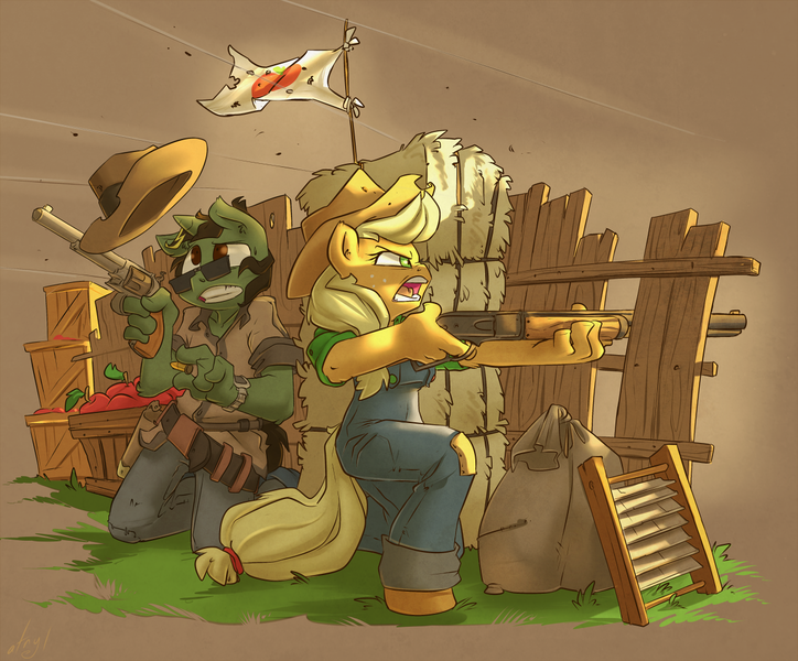 Size: 1207x1000 | Tagged: safe, artist:atryl, derpibooru import, applejack, oc, anthro, earth pony, unguligrade anthro, unicorn, angry, apple, applejack's hat, bullet hole, cowboy hat, fence, fight, flag, food, g4, gritted teeth, gun, handgun, hat, horn, image, kneeling, png, revolver, shootout, shotgun, sunglasses, teeth, weapon