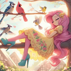 Size: 1024x1024 | Tagged: safe, ai content, derpibooru import, machine learning generated, prompter:glimmy-glam, fluttershy, bird, blue jay, cardinal, human, belt, clothes, crossed arms, dress, g4, generator:bing image creator, generator:dall-e 3, high heels, humanized, image, jpeg, profile, shoes, side view, skirt, sleeping, spring, sundress, sunlight, tights, tree, tree branch