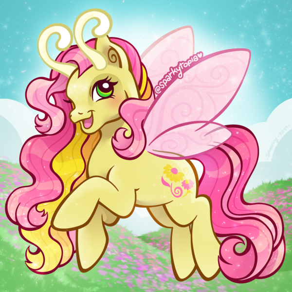 Size: 2400x2400 | Tagged: safe, artist:sparkytopia, derpibooru import, breezie, pony, g3, antennae, dancing daffodil, fairy wings, female, green eyes, image, looking at you, mare, open mouth, pink mane, png, smiling, solo, wings, yellow coat