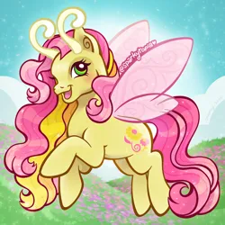 Size: 2400x2400 | Tagged: safe, artist:sparkytopia, derpibooru import, breezie, pony, g3, antennae, dancing daffodil, fairy wings, female, green eyes, image, looking at you, mare, open mouth, pink mane, png, smiling, solo, wings, yellow coat