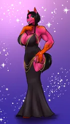 Size: 2026x3600 | Tagged: suggestive, artist:blackblood-queen, derpibooru import, oc, oc:sugar strike, unofficial characters only, anthro, earth pony, unguligrade anthro, big breasts, black dress, breasts, busty oc, clothes, commission, digital art, dress, earth pony oc, eyeshadow, female, grin, huge breasts, image, lipstick, makeup, muscles, muscular female, png, smiling, solo, solo female