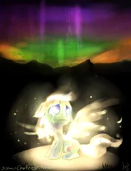 Size: 766x1000 | Tagged: safe, artist:atryl, derpibooru import, ponified, elemental, pony, 30 minute art challenge, aurora borealis, crying, image, light, looking up, png, sitting, wings