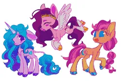 Size: 1500x1000 | Tagged: safe, artist:webkinzworldz, derpibooru import, izzy moonbow, pipp petals, sunny starscout, earth pony, pegasus, pony, unicorn, g5, belly fluff, big ears, big eyes, blue mane, blue tail, blushing, braid, braided ponytail, chest fluff, chibi, coat markings, colored eyebrows, colored hooves, colored pinnae, colored wings, colored wingtips, crown, curly mane, curly tail, eyebrows, eyebrows visible through hair, eyes closed, facial markings, female, flying, gradient horn, gradient legs, horn, image, impossibly large ears, jewelry, leonine tail, long horn, long legs, long mane, long tail, looking back, mare, multicolored mane, multicolored tail, nose blush, open mouth, open smile, orange coat, pink coat, png, ponytail, purple eyes, purple mane, purple tail, raised hoof, regalia, shiny hoof, simple background, slender, smiling, snip (coat marking), socks (coat marking), standing, tail, thin, tiara, trio, trio female, two toned mane, two toned tail, two toned wings, unshorn fetlocks, wall of tags, wavy mane, wavy tail, white background, wingding eyes, wings