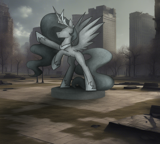 Size: 1024x924 | Tagged: safe, artist:darklight1315, derpibooru import, machine learning assisted, princess celestia, alicorn, pony, fallout equestria, ai assisted background, baltimare, building, fallout equestria: mayday, image, jewelry, png, raised hoof, raised hooves, regalia, solo, square, standing, standing on two hooves, statue