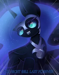 Size: 2050x2600 | Tagged: safe, artist:miryelis, derpibooru import, nightmare moon, alicorn, pony, friendship is magic, armor, big ears, female, g4, glowing mane, image, mare, png, smiling, solo, standing, text, the night will last forever