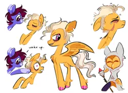 Size: 1280x939 | Tagged: safe, artist:webkinzworldz, derpibooru import, part of a set, ponified, earth pony, pegasus, pony, spoiler:the owl house, armor, bags under eyes, blonde mane, chest fluff, cloak, clothes, coat markings, colored eartips, colored hooves, colored muzzle, colored wings, colored wingtips, crying, dialogue, duo, duo male and female, ear fluff, emanata, facial markings, facial scar, female, fetlock tuft, folded wings, hoof heart, hoof hold, hunter (the owl house), image, luz noceda (the owl house), male, mask, multicolored wings, narrowed eyes, no mouth, orange coat, pauldron, pink eyes, png, punch, purple coat, purple eyes, purple mane, scar, shiny hoof, short mane, simple background, sleeping, smiling, spread wings, staff, star (coat marking), talking, teardrop, text, the owl house, tooth gap, torn ear, two toned mane, underhoof, white background, wingding eyes, wings