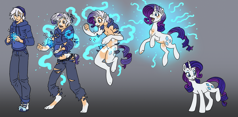 Size: 2700x1328 | Tagged: suggestive, artist:atcpony, rarity, oc, pony, unicorn, clothes, commission, excited, female, gradient background, greyscale background, human to pony, image, mare, png, raised leg, solo, torn clothes, transformation, transformation sequence, transgender transformation, ych result
