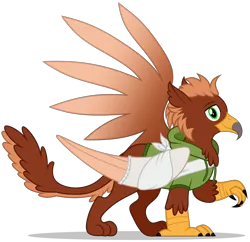 Size: 2766x2682 | Tagged: safe, artist:p-b-jay, derpibooru import, oc, oc:pavlos, unofficial characters only, gryphon, bandage, beak, broken bone, broken wing, cast, cheek fluff, claws, clothes, colored wings, commission, eared griffon, griffon oc, image, injured, male, non-pony oc, png, show accurate, simple background, sling, solo, tail, transparent background, wings