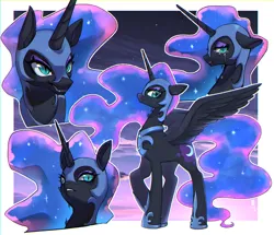 Size: 2036x1755 | Tagged: safe, artist:hosikawa, derpibooru import, nightmare moon, alicorn, pony, armor, bust, crying, ethereal mane, ethereal tail, female, floppy ears, g4, image, jpeg, looking at you, mare, multeity, passepartout, sharp teeth, side view, smiling, spread wings, tail, teeth, wings