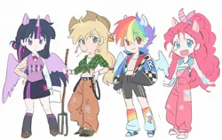 Size: 2048x1292 | Tagged: safe, artist:memoji_7672, derpibooru import, applejack, pinkie pie, rainbow dash, twilight sparkle, human, :3, :d, applejack's hat, boots, clothes, cowboy hat, cutie mark, cutie mark on clothes, eared humanization, female, g4, hand on hip, hat, headphones, horn, horned humanization, humanized, image, jacket, jpeg, leg warmers, looking at you, midriff, open mouth, open smile, overalls, pitchfork, shoes, simple background, skirt, smiling, straw in mouth, sweater vest, white background, winged humanization, wings
