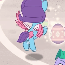 Size: 540x540 | Tagged: safe, derpibooru import, screencap, earth pony, pegasus, pony, g5, my little pony: tell your tale, spoiler:g5, spoiler:my little pony: tell your tale, spoiler:tyts02e09, animated, bow, chocolate egg, cracked it, cute, eyes closed, female, filly, flying, foal, gif, glory (g5), glorydorable, image, offscreen character, open mouth, open smile, pippsqueaks, seashell (g5), smiling, spinning, tail, tail bow