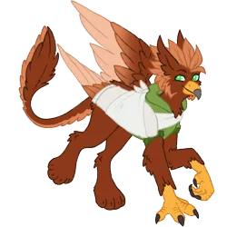 Size: 1000x1000 | Tagged: safe, artist:kazmuun, derpibooru import, oc, oc:pavlos, unofficial characters only, gryphon, bandage, beak, broken bone, broken wing, cast, cheek fluff, claws, clothes, colored wings, commission, eared griffon, griffon oc, image, injured, male, non-pony oc, one wing out, png, simple background, sling, smiling, solo, tail, transparent background, wings