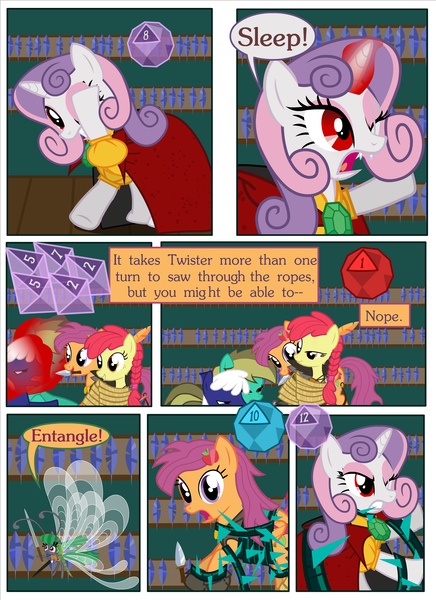 Size: 2700x3713 | Tagged: safe, artist:gm-scoots, artist:little jackie papercut, derpibooru import, apple bloom, scootaloo, sweetie belle, breezie, earth pony, pegasus, unicorn, comic:bleeding hearts, black vine, horn, image, png