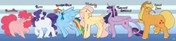 Size: 4018x928 | Tagged: safe, artist:greenarsonist, derpibooru import, applejack, fluttershy, pinkie pie, rainbow dash, rarity, twilight sparkle, twilight sparkle (alicorn), alicorn, earth pony, pegasus, pony, unicorn, chubby, fat, female, folded wings, headcanon, horn, image, mane six, muscles, muscular female, nonbinary, png, pudgy pie, skinny, spread wings, straw in mouth, thin, tooth, trans female, transgender, unshorn fetlocks, wings