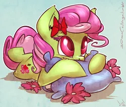 Size: 1000x849 | Tagged: safe, artist:atryl, derpibooru import, florina tart, earth pony, pony, 30 minute art challenge, apple family member, background pony, cute, female, flower, g4, image, lying down, mare, pillow, png, prone, smiling