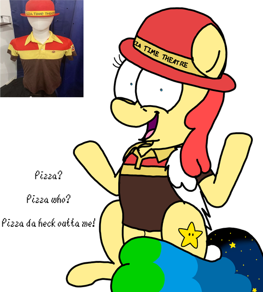 Size: 3023x3351 | Tagged: safe, artist:professorventurer, derpibooru import, oc, oc:power star, accent, chuck e. cheese, comedy, image, png, rule 85, shrug, super mario 64, super mario bros.