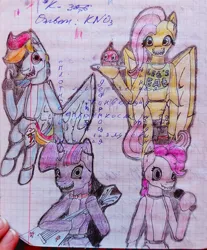 Size: 2896x3506 | Tagged: safe, artist:destiny_manticor, derpibooru import, fluttershy, pinkie pie, rainbow dash, twilight sparkle, pegasus, robot, semi-anthro, unicorn, animatronic, cupcake, female, five nights at freddy's, flutterchica, food, foxy dash, g4, high res, horn, image, jpeg, lined paper, looking at you, old art, sharp teeth, simple background, sketch, teeth, traditional art, twibon