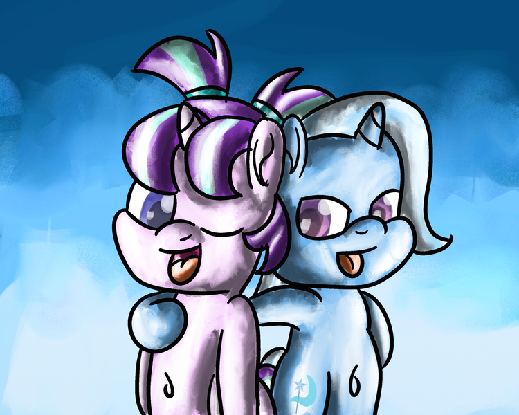 Size: 3000x2400 | Tagged: safe, artist:saburodaimando, derpibooru import, starlight glimmer, trixie, pony, unicorn, belly button, bipedal, duo, female, filly, filly starlight glimmer, filly trixie, high res, horn, image, one eye closed, pigtails, png, starlight glimmer day, wink, younger